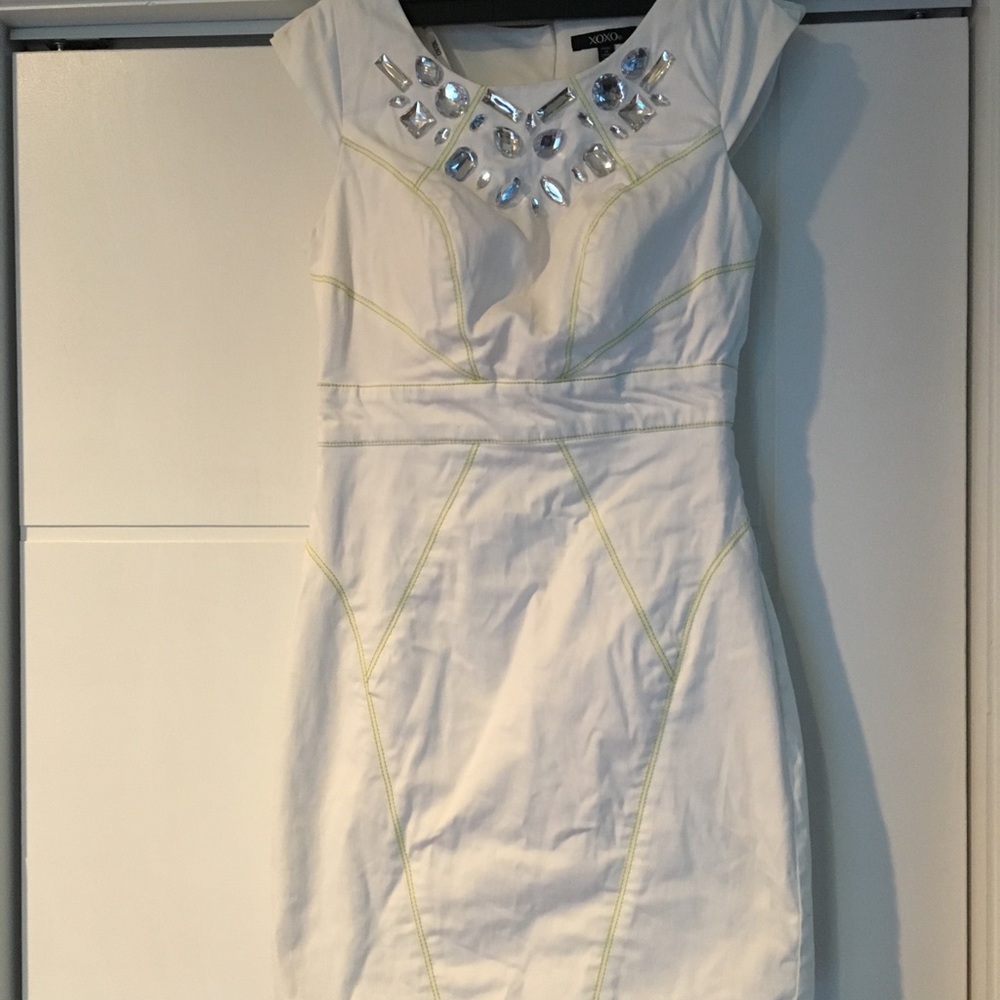 White xoxo dress with green stiching